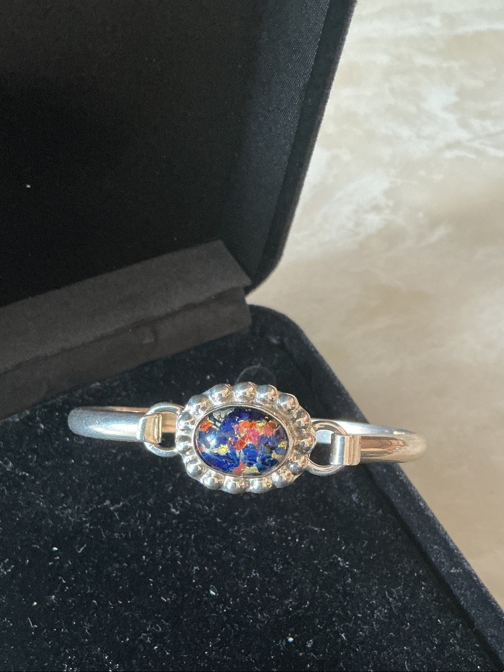 Silver Bangle Bracelet with Multicolor Opal Inlay